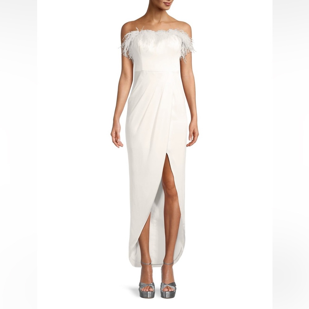 Feather Trim Strapless High-Low Gown